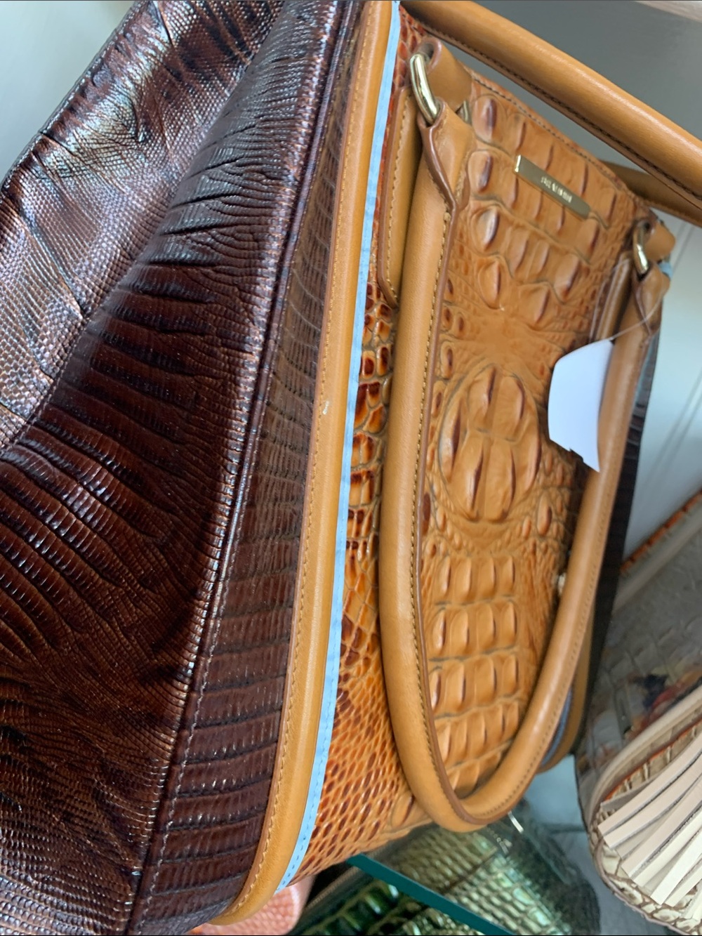 Brahmin Tan and Dark Brown Croc-Embossed Leather Tote with Gold Charm - Picture 3 of 7